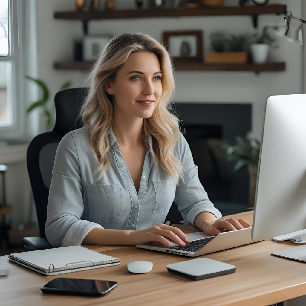 Freelancer working on a laptop in a modern coworking space