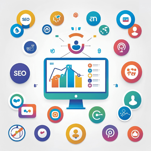 Modern workspace of a digital marketing agency with branding tools, laptops, and dashboards used by the digital marketing agency team.